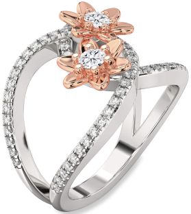 Diamond Platinum & Rose Gold Flower Round Two Stone Pave Ring