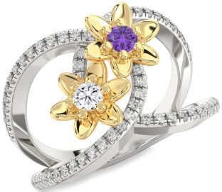 Diamond Platinum & Yellow Gold Flower Round Two Stone Pave Promise Ring