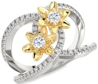 Diamond Platinum & Yellow Gold Flower Round Two Stone Pave Ring