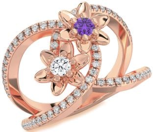 Diamond Rose Gold Flower Round Two Stone Pave Promise Ring