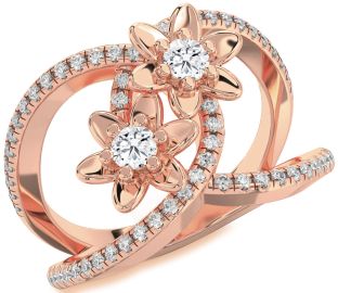Diamond Rose Gold Flower Round Two Stone Pave Ring