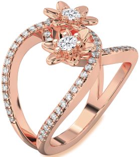 Diamond Rose Gold Flower Round Two Stone Pave Ring