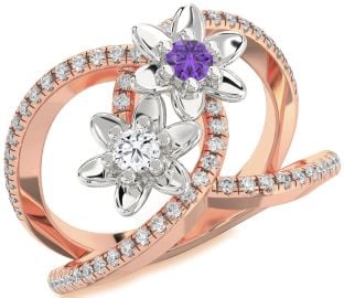 Diamond Platinum & Rose Gold Flower Round Two Stone Pave Promise Ring