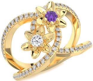 Diamond Gold Flower Round Two Stone Pave Promise Ring
