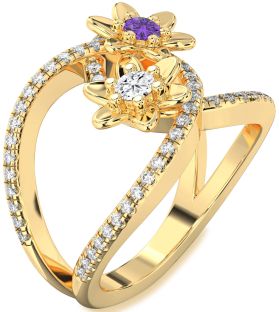 Diamond Gold Flower Round Two Stone Pave Promise Ring