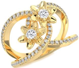 Diamond Gold Flower Round Two Stone Pave Ring