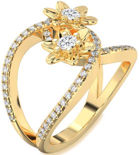 Diamond Gold Flower Round Two Stone Pave Ring