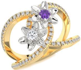 Diamond Platinum & Yellow Gold Flower Round Two Stone Pave Promise Ring