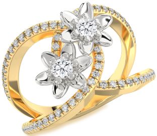 Diamond Platinum & Yellow Gold Flower Round Two Stone Pave Ring