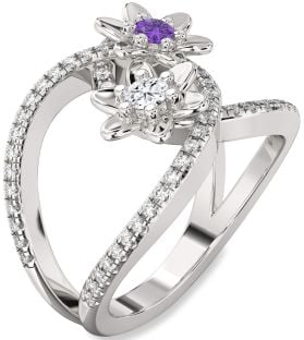 Diamond Platinum Flower Round Two Stone Pave Promise Ring