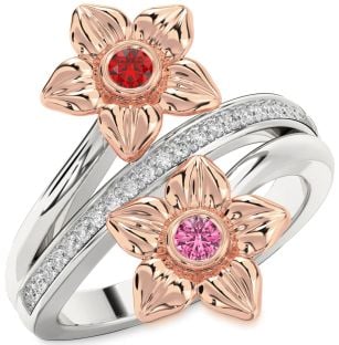 Diamond Platinum & Rose Gold Flower Round Two Stone Promise Ring