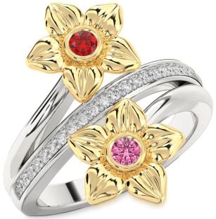 Diamond Platinum & Yellow Gold Flower Round Two Stone Promise Ring