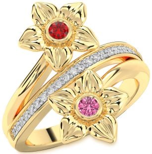 Diamond Gold Flower Round Two Stone Promise Ring