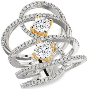 Diamond Platinum & Yellow Gold Knot Round Two Stone Pave Ring