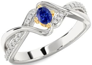 Diamond Blue Sapphire Platinum & Yellow Gold Oval Promise Ring