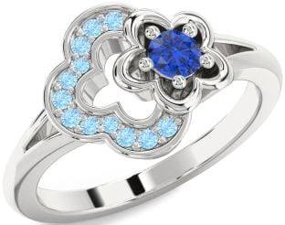 Blue Sapphire & Aquamarine Platinum Flower Round Promise Ring
