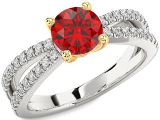 Diamond Ruby Platinum & Yellow Gold Round Solitaire Pave Engagement Ring