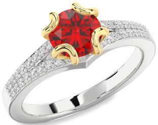Diamond Ruby Platinum & Yellow Gold Round Solitaire Pave Engagement Ring