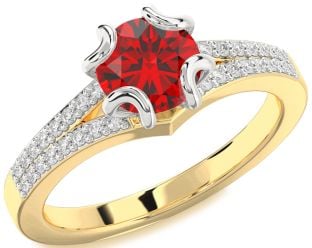 Diamond Ruby Platinum & Yellow Gold Round Solitaire Pave Engagement Ring