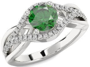 Diamond Emerald Silver Round Solitaire Engagement Ring