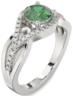 Diamond Emerald Silver Round Solitaire Engagement Ring