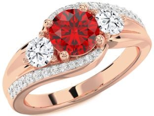 Diamond Ruby Rose Gold Round Three Stone Engagement Ring