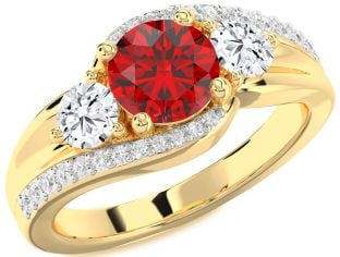 Diamond Ruby Gold Round Three Stone Engagement Ring