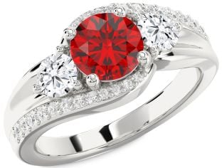 Diamond Ruby Platinum Round Three Stone Engagement Ring