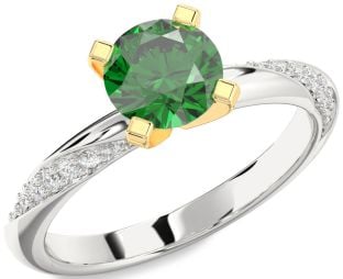 Diamond Emerald Platinum & Yellow Gold Round Solitaire Engagement Ring
