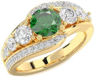 Diamond Emerald Gold Silver Round Engagement Ring
