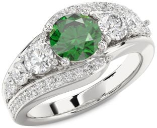Diamond Emerald Silver Round Engagement Ring