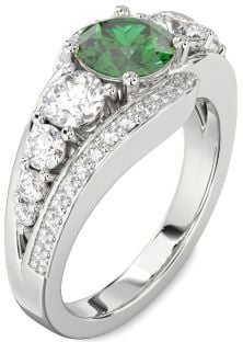 Diamond Emerald Silver Round Engagement Ring