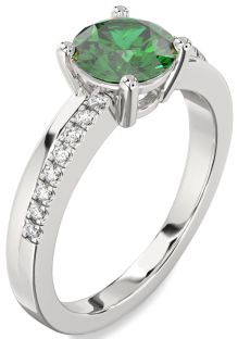 Diamond Emerald Platinum Round Solitaire Engagement Ring