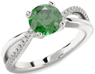 Diamond Emerald Silver Round Solitaire Engagement Ring