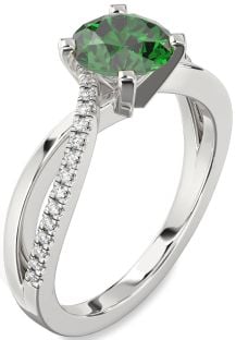 Diamond Emerald Silver Round Solitaire Engagement Ring