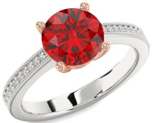 Diamond Ruby Platinum & Rose Gold Round Vintage Pave Engagement Ring