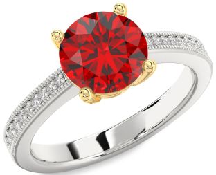 Diamond Ruby Platinum & Yellow Gold Round Vintage Pave Engagement Ring
