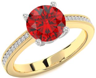Diamond Ruby Platinum & Yellow Gold Round Vintage Pave Engagement Ring