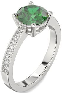 Diamond Emerald Platinum Round Vintage Pave Engagement Ring