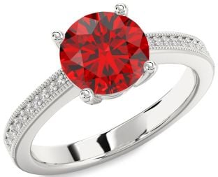 Diamond Ruby Platinum Round Vintage Pave Engagement Ring