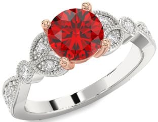 Diamond Ruby Platinum & Rose Gold Round Vintage Engagement Ring