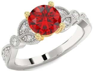 Diamond Ruby Platinum & Yellow Gold Round Vintage Engagement Ring