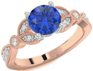 Diamond Blue Sapphire Rose Gold Silver Round Vintage Engagement Ring