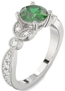 Diamond Emerald Platinum Round Vintage Engagement Ring
