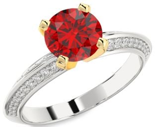 Diamond Ruby Platinum & Yellow Gold Round Solitaire Pave Engagement Ring