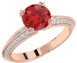 Diamond Ruby Rose Gold Round Solitaire Pave Engagement Ring