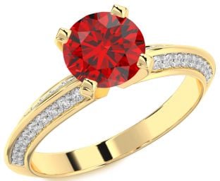 Diamond Ruby Gold Round Solitaire Pave Engagement Ring