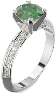 Diamond Emerald Platinum Round Solitaire Pave Engagement Ring