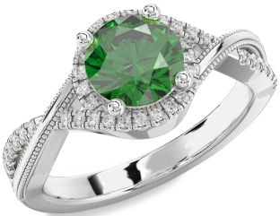 Diamond Emerald Silver Halo Round Vintage Engagement Ring