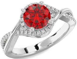 Diamond Ruby Platinum Halo Round Vintage Engagement Ring
